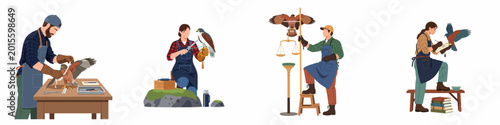 Fotografi Set of illustrations depicting ornithologists and falconers caring for, measuring, weighing, and studying birds of prey such as hawks and falcons