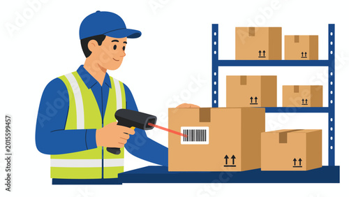 Warehouse worker scanning barcode on a box with shelves in the background