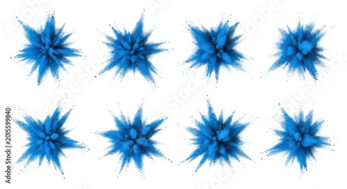 aerial view of vibrant blue powder explosions against a bright white background for celebratory creative or design purposes