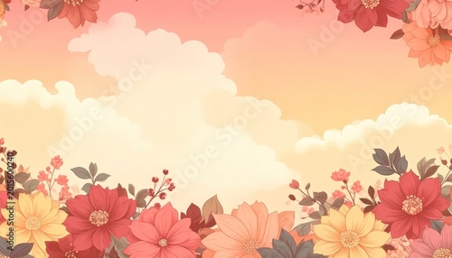 Vibrant Floral Border with Soft Clouds and Warm Sky Background.