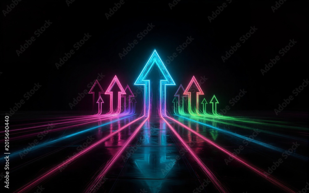 Fototapeta premium Neon arrows blaze forward on glowing pathways symbolizing progress