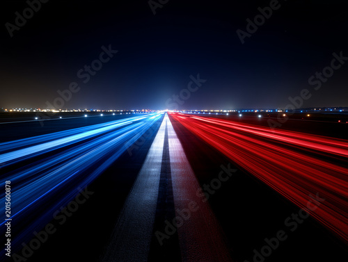 Airport runway with blue and red light trails at night