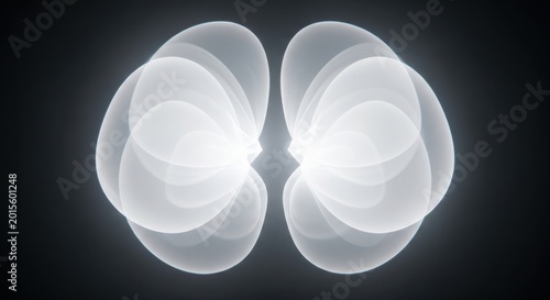 Glowing white translucent spheres overlap and shine brightly on a dark background