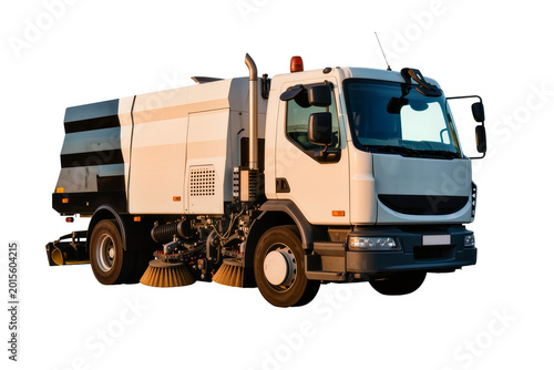 Fotografie Isolated modern municipal street sweeper truck with rotating brushes for urban s