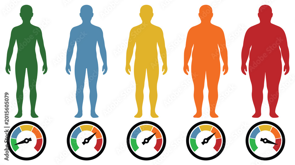 © SABIKUNNAHAR - Human body mass index bmi scale infographics with colored silhouettes. © SABIKUNNAHAR - Human body mass index bmi scale infographics with colored silhouettes.