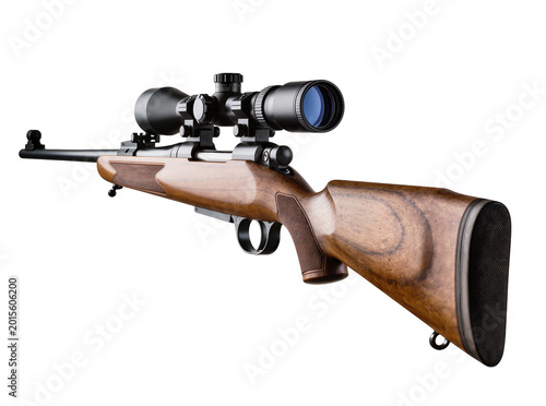 Foto Isolated classic wooden hunting rifle with modern optical scope for precision sp