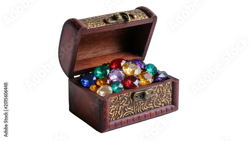 Foto Isolated open vintage wooden treasure chest filled with sparkling colorful gemst