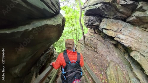 Hiking down Winding Wooden Staircase in New River Gorge National Park