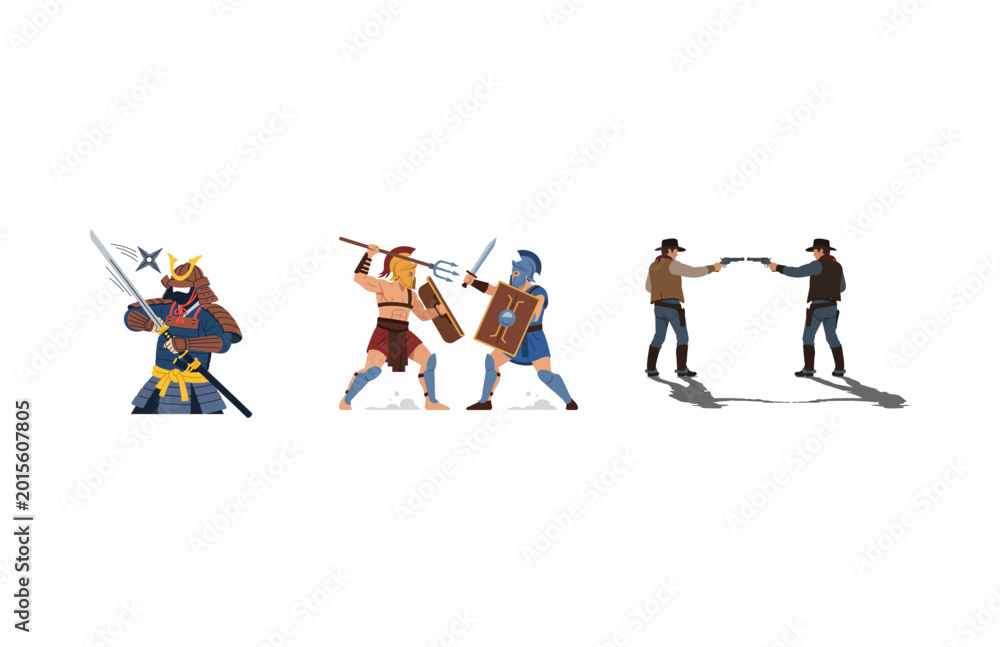 Fototapeta premium Engaging vector collection of historic combatants and modern duels, illustrating diverse fighting styles and showdowns