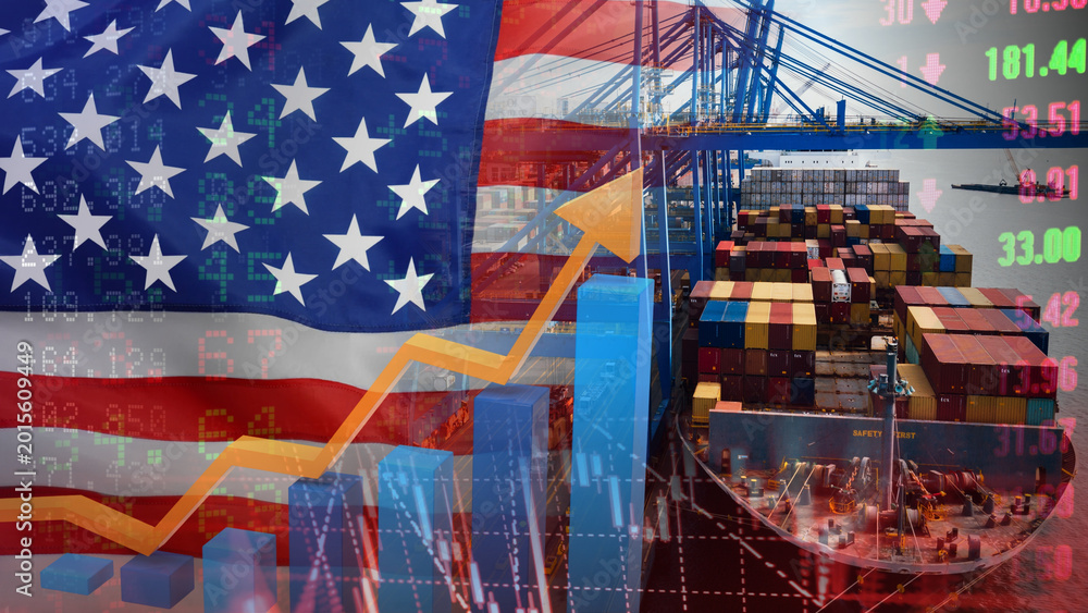 Obraz premium The growth of U.S. maritime logistics and trade, illustrated by the American flag, cargo ships, port cranes, and soaring financial charts. A boom in the maritime import and export sector.