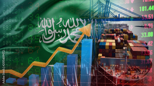 Quadro su tela The growth of Saudi Arabia maritime logistics and trade, illustrated by the Saudi Arabian flag, cargo ships, port cranes, and soaring financial charts