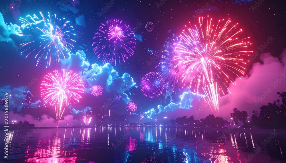 Obraz premium Vibrant Fireworks Display Over Calm Water Reflecting Neon Lights.