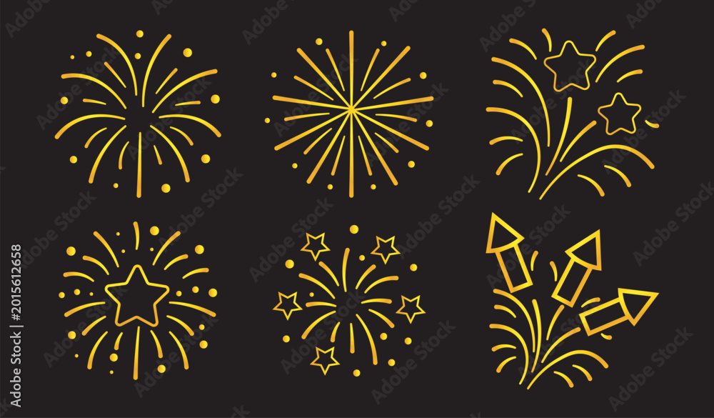 Obraz premium Golden fireworks icons in bright line art style on a black background, symbolizing celebration and festivity, perfect for holiday concepts. Hand-drawn vector illustration