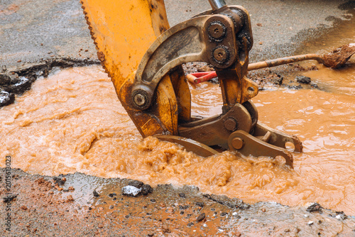 Fotografie Construction crew works on water main break in street city