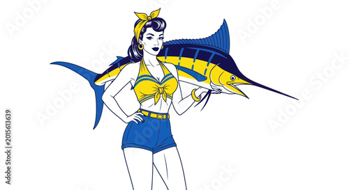 Fotografia Retro Pin-up Girl Holding Marlin Fish, Summer Fishing Adventure, Vintage Style