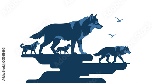 Canvastavla Wolf family walking on cliff edge with birds flying above, graphic illustration