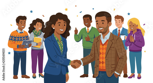 Two young professionals shaking hands with friends celebrating behind  
