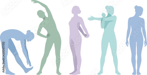 Silhouettes of women performing stretching and warm-up exercises with stretching