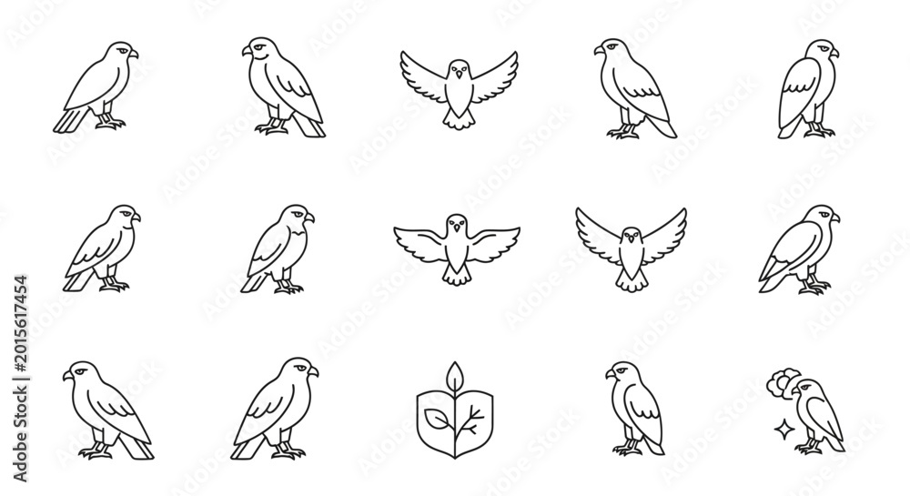 Fototapeta premium Line art illustrations of various birds in different poses for design projects