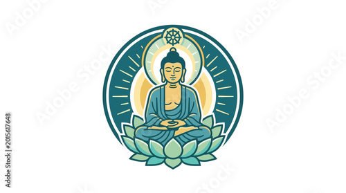 Tableau sur toile Buddha meditating on lotus flower, dharma wheel symbol, enlightenment concept