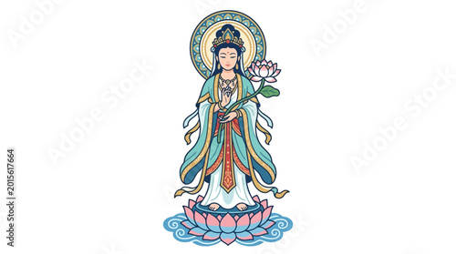 Schilderij op canvas Guan Yin Bodhisattva Holding Lotus Flower on a Swirling Water Base