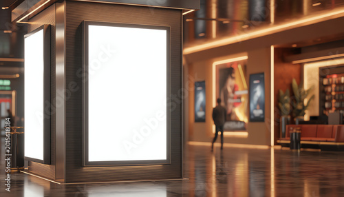 blank showcase billboard or advertising light box for your text message or media content with blurred image of ticket sales counter at movie theater, advertisement, marketing, entertainment concept