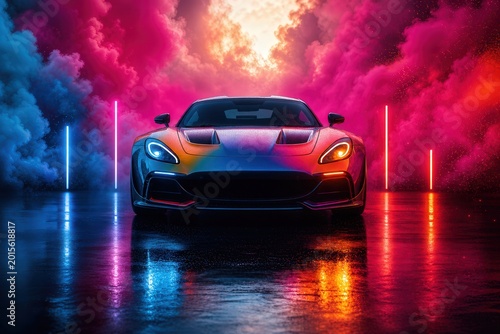 Vividly Illuminated Hypercar Against Colorful Smoke Background