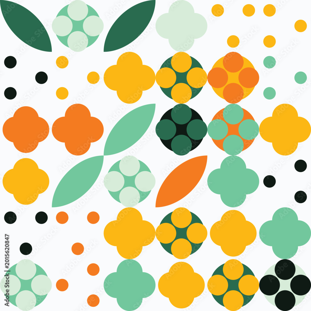Fototapeta premium Abstract geometric pattern with floral shapes, circles, and leaves in a modern minimalist style, isolated on white background