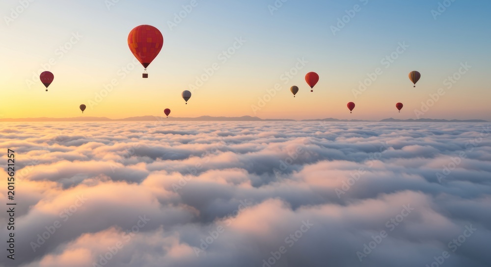 Fototapeta premium Colorful hot air balloons flying over a sea of clouds at golden sunrise