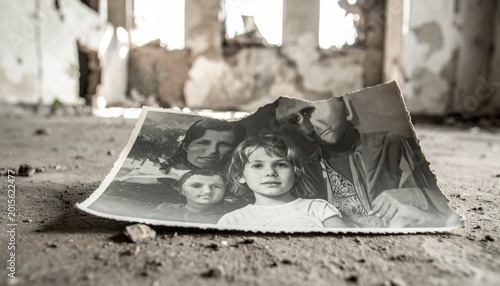Torn Vintage Family Photograph on Dusty Floor
