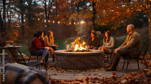Friendsgiving backyard fire pit gathering with people sitting around a burning fire in autumn
