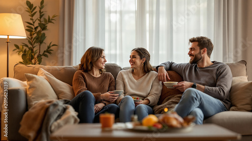 Friendsgiving gathering with three friends laughing and sharing snacks on a cozy living room sofa during autumn evening