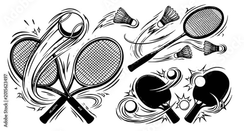 Photography Detailed racket sports equipment line art collection vector illustration isolate