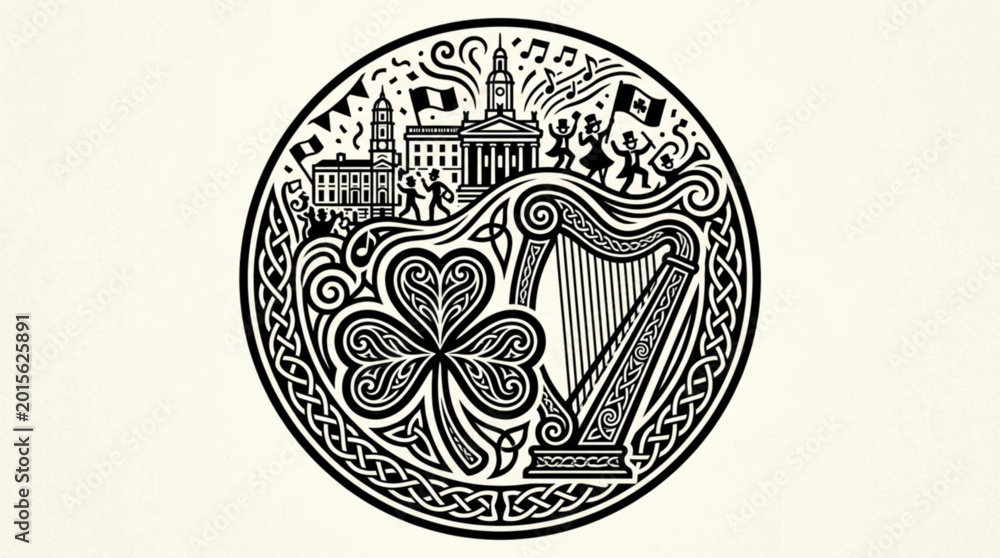 Naklejka premium Celtic knotwork icon featuring a harp shamrock and dublin skyline in a circular frame with musical notes and dancing figures representing irish culture and heritage