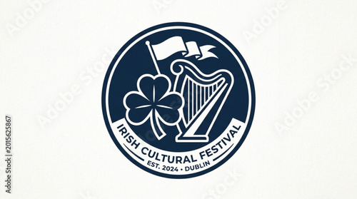 Irish cultural festival logo with shamrock harp and flag on white background symbolizing ireland heritage and tradition