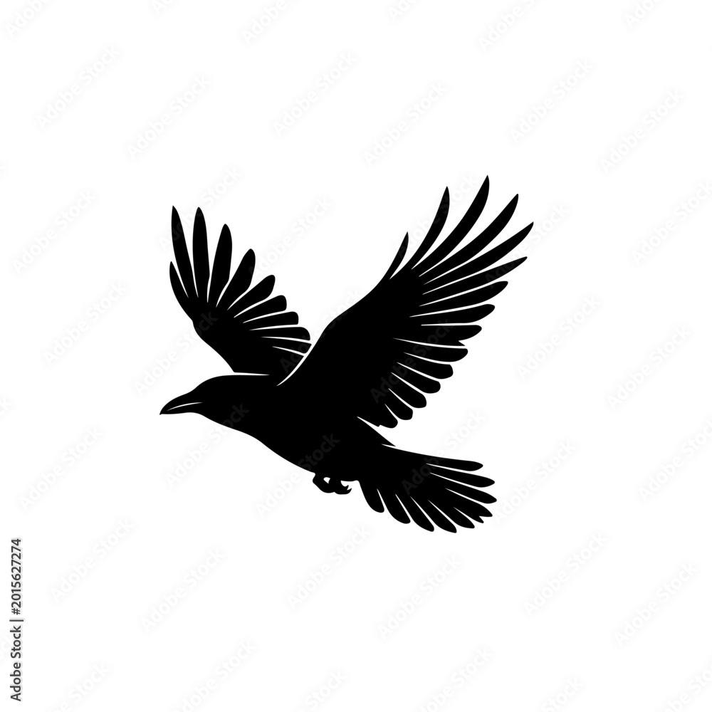 Obraz premium A silhouette of a black raven in mid-flight against a white background, showcasing its wings spread wide