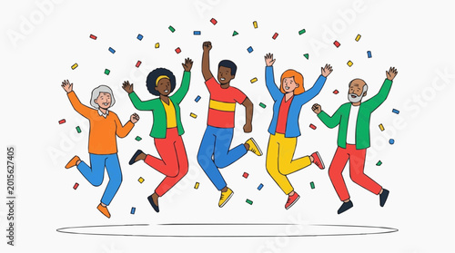 Vibrant depiction of a diverse group celebrating with joyful jumps, showering themselves with confetti, a symbol of happiness and communal celebration.