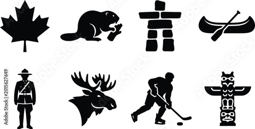 Canada Victoria Day National Identity Icon Set, Canadian Symbols Silhouette, Beaver, Moose, Inuksuk, Hockey Player, and Totem Pole Vector Illustrations