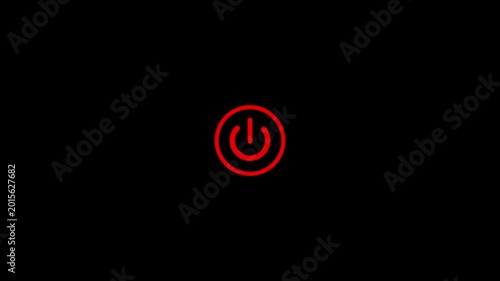 Red power button symbol glowing on a completely black background representing the universal symbol for turning devices on or off and indicating power status Keywords: power, button, symbol, red
