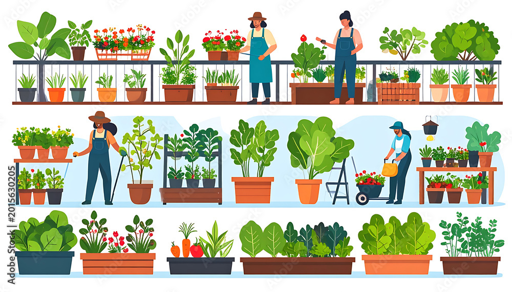 Fototapeta premium Gardeners tending to various potted plants and vegetables in a greenhouse, showcasing urban farming and sustainable agriculture