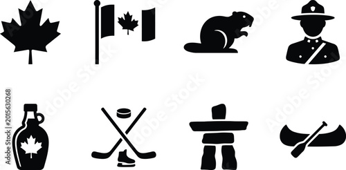Canada National Symbols Silhouette Icon Set – Maple Leaf, Flag, Beaver, RCMP Mountie, Maple Syrup, Hockey, Inukshuk, and Canoe
