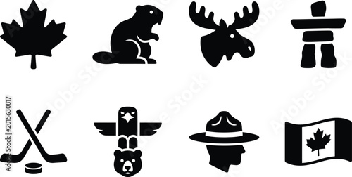 Photography Canada National Symbols Icon Set – Maple Leaf, Beaver, Moose, Inukshuk, Hockey,