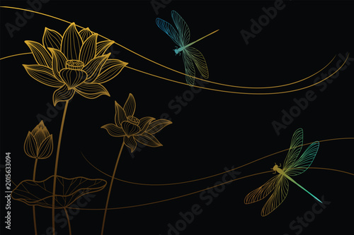 Dragonflies and Lotus Flowers .Lotus line arts design for fabric, prints and background texture, Vector illustration