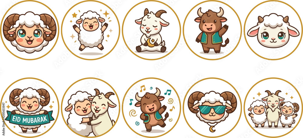 Obraz premium Eid Mubarak cute cartoon sacrificial animal sticker set with sheep goat and cow for Islamic holiday kids content, transparent background
