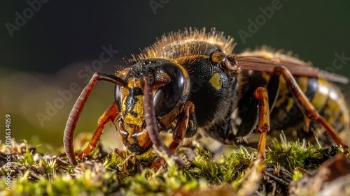 Close-up of a hornet on moss, showcasing intricate details. Details in striking color contrast