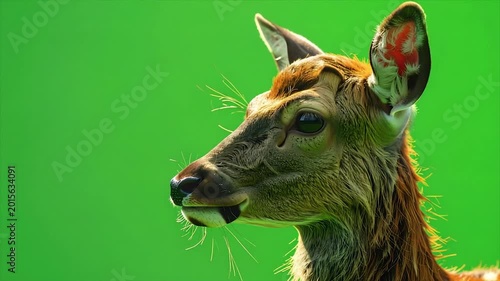 Close-up of a deer's head, profile against a bright green background. Fur detail