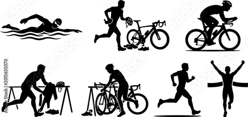 Triathlon athlete competition silhouette collection for sports event design vector