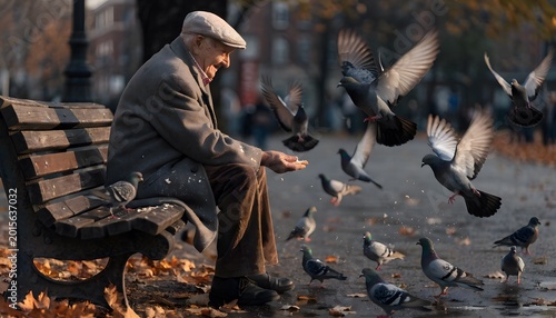 Elderly man soft smile feeding pigeons park bench autumn leaves golden glow. Heartwarming senior moment for nostalgia, nature companionship ads.