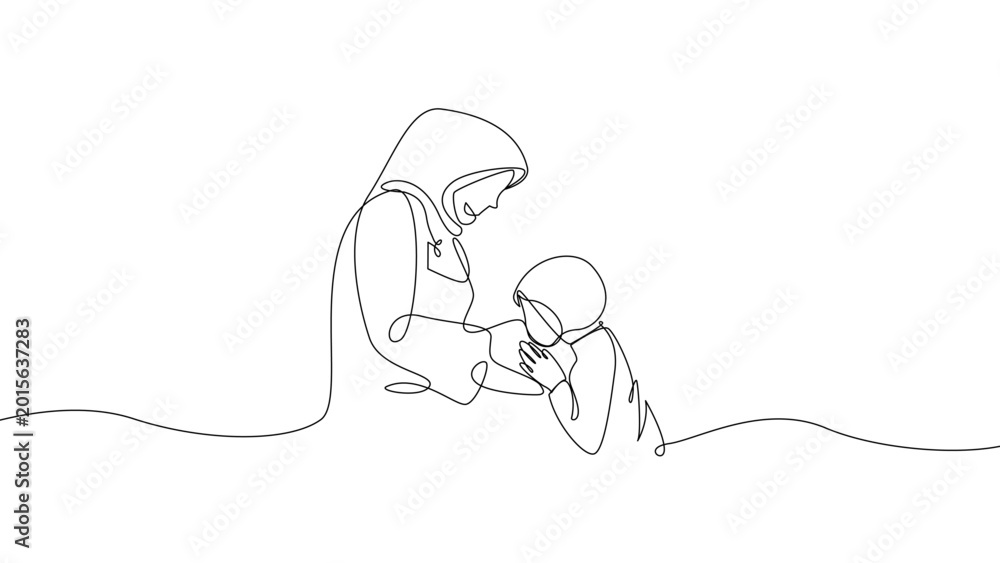 Obraz premium Continuous one line Muslim mother with child illustration, Islamic motherhood and Ramadan family care concept, minimalist linear vector design