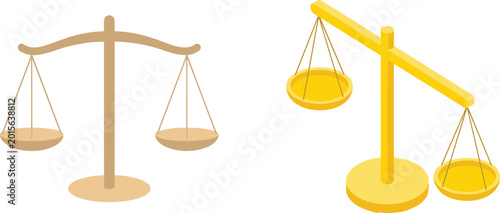 Obraz na płótnie Balanced and Unbalanced Golden Justice Scale Symbol Set Isolated on White Backgr